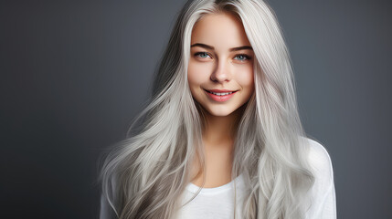 Fototapeta premium Portrait of a smiling cheerful blond teenage girl with long white hair and perfect skin, gray background, banner.