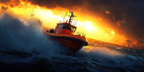 Naklejka premium A brave boat navigates through turbulent waves under a dramatic sunset, showcasing the power of nature and maritime resilience.