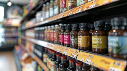 A vibrant display of health supplements on shelves at a local store in the afternoon, showcasing various bottles and products