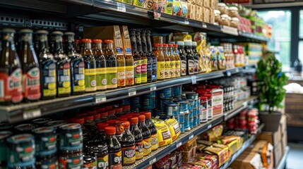Colorful display of various food and beverage items on store shelves in a local grocery market during daytime hours