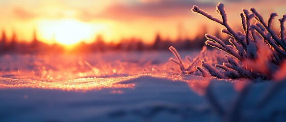 A breathtaking winter sunset casts golden hues over a snowy landscape, highlighting frost-covered plants and tranquil surroundings.