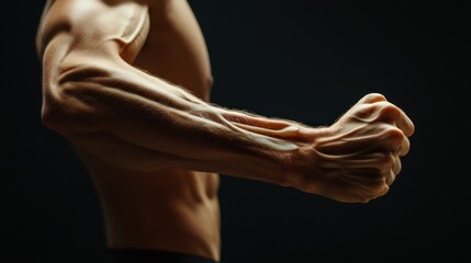 Close-up of a muscular male arm with a clenched fist, showing defined veins and tendons against a dark background.