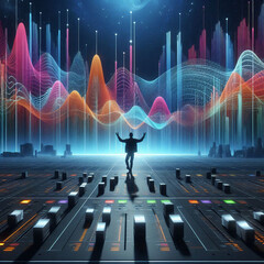 A person stands on a giant digital soundboard, arms raised, surrounded by vibrant, flowing sound waves in a futuristic cityscape. The scene represents a powerful fusion of music, technology, and human