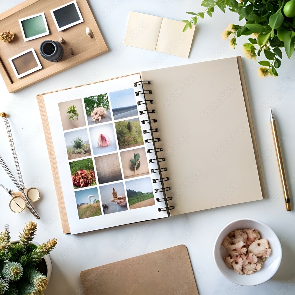 Poster a top down view of a blank notebook open on a white surface with various stationery items surroundin