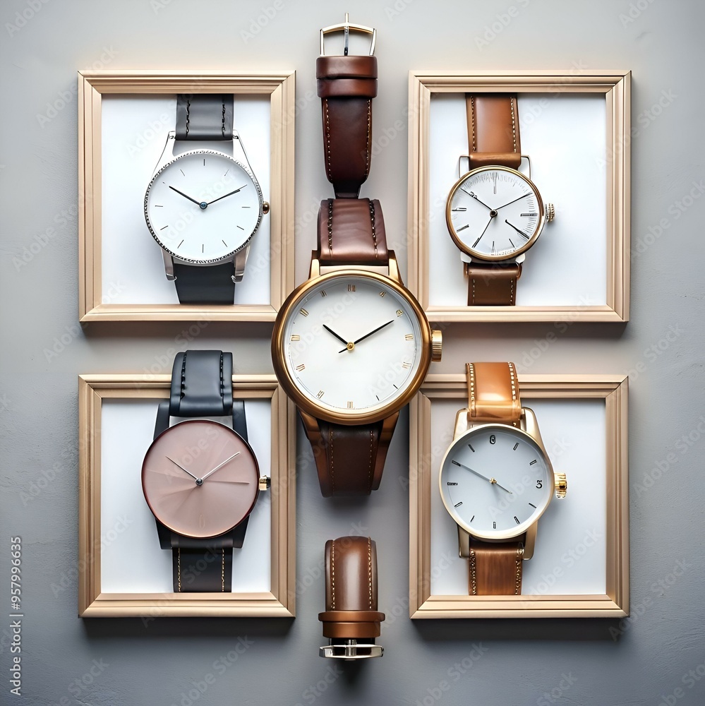 Poster a stylish flat lay of five designer watches arranged in a grid. showcasing unique design elements an