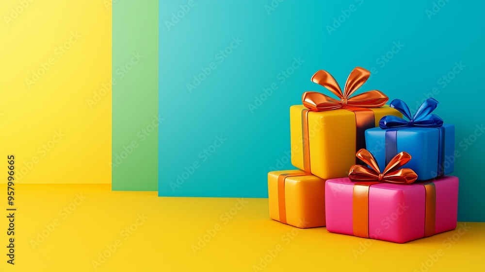 Poster a stack of colorful boxes with a yellow background. the boxes are wrapped in ribbons and bows, and t