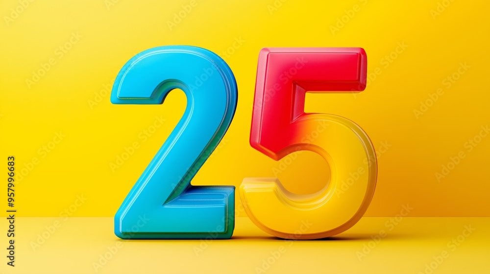 Poster a colorful number 25 is displayed on a yellow background. the bright colors and bold font give the i