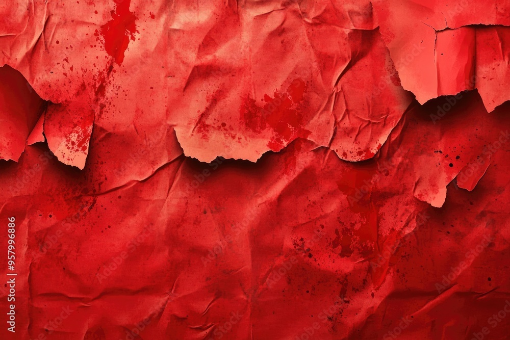 Poster a red grunge paper background with splattered and uneven edges.