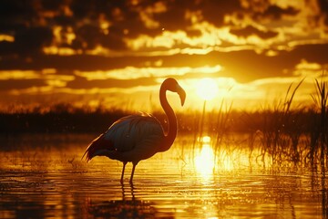 Fototapeta premium Flamingo Silhouette in Golden Sunset over Water
