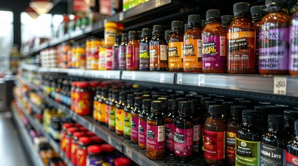 Naklejka premium A colorful display of herbal supplements and vitamins on store shelves during daylight in a health food store