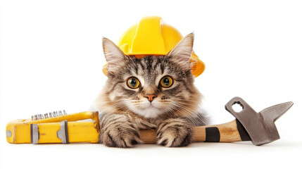 A portrait of a builder cat holding tools in its paws, isolated on a white background.