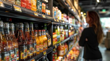 Fototapeta premium Shopper examines beverage options in a grocery store aisle during a sunny afternoon in a vibrant market