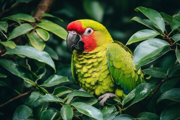 Obraz premium A Green and Red Parrot Perched on a Branch Among Lush Leaves