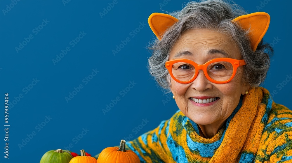 Poster a woman in an orange sweater and orange glasses is smiling and making a fist. woman is dressed up in