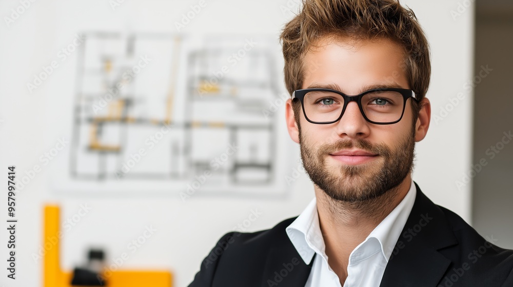 Poster a man in a suit and glasses is smiling at the camera. he is standing in front of a white board with 