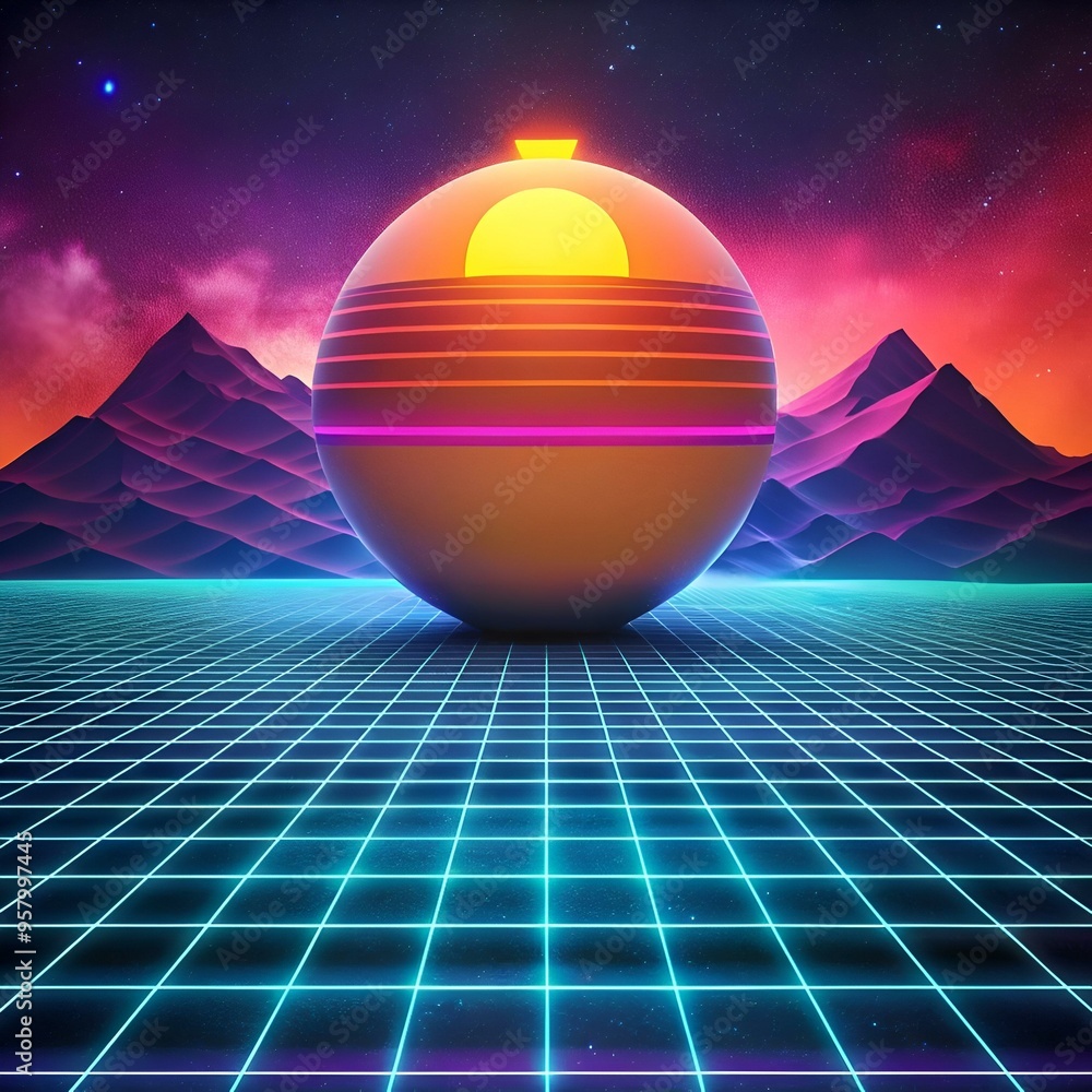 Poster a retro futuristic 3d illustration featuring a glowing sphere resting on a neon grid in front of a v