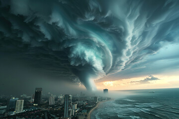 Generative ai on theme of scary ominous huge hurricane tornado, apocalyptic dramatic background