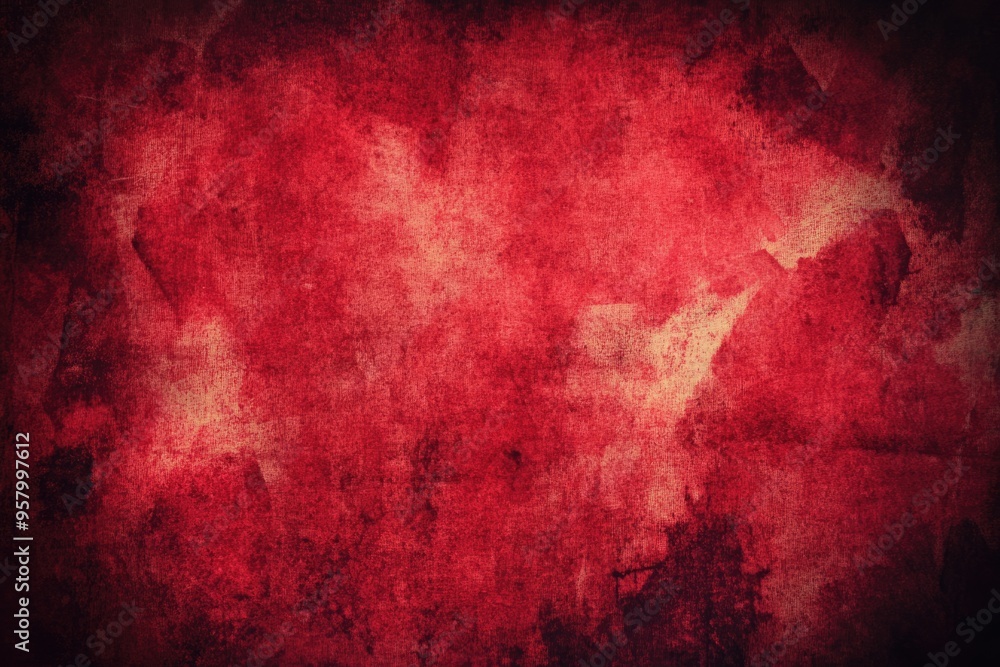 Poster an old vintage red paper background with dark grunge patterns and vignette.