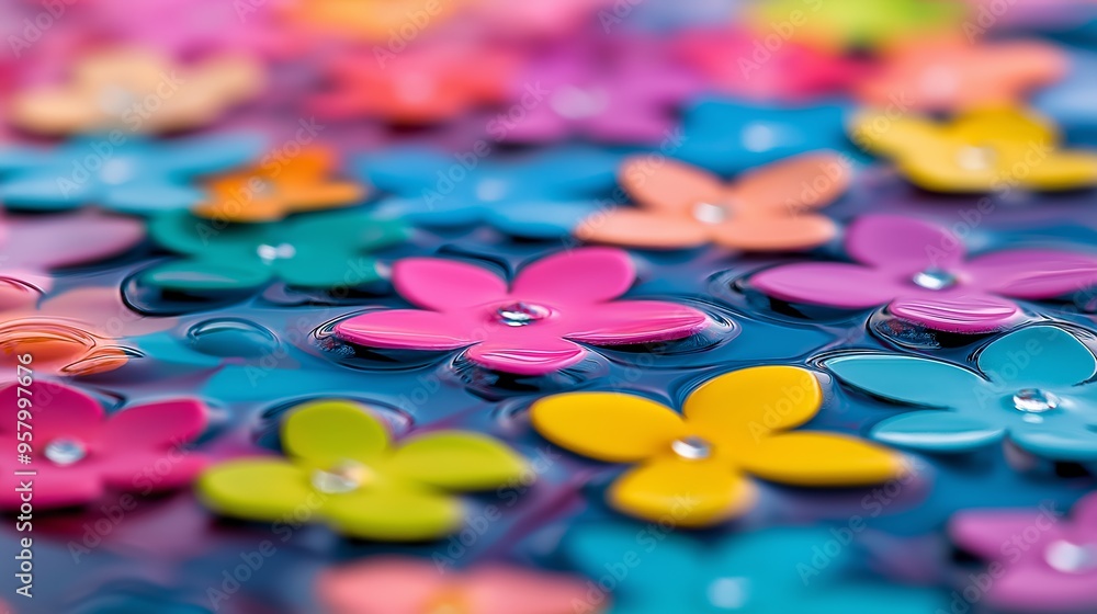 Aufkleber a colorful array of flowers floating in a body of water. the flowers are of various colors and sizes