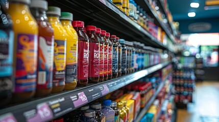 Colorful variety of bottled beverages lined up on shelves in a convenience store during the day