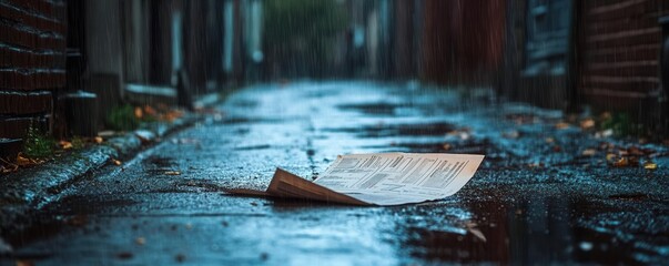 A discarded business plan in a rain-soaked alley, symbolizing the abandonment of failed business ideas