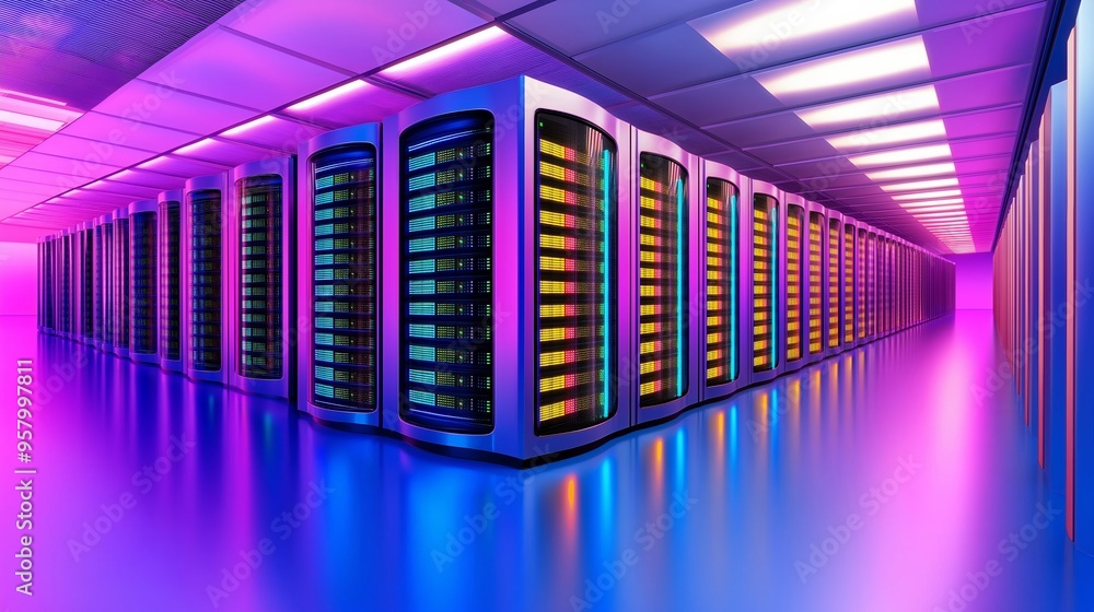 Poster abstract data center room with bright neon light glowing server blocks. realistic 3d vector illustra