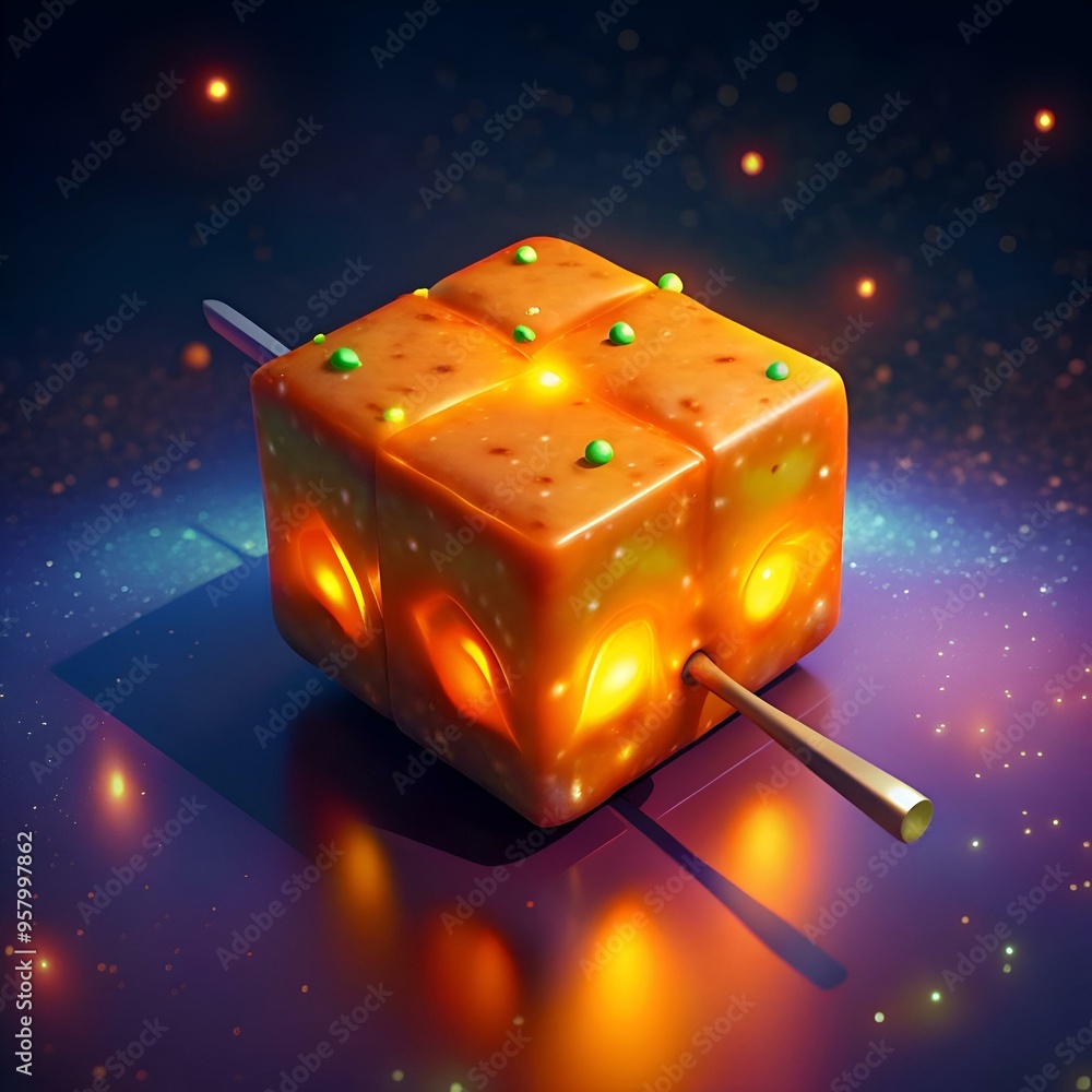 Poster a glowing. cube shaped object with a textured surface and green accents. pierced by a thin stick. si