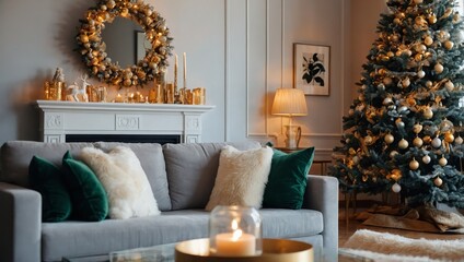 Bright interior of the living room with a sofa and a large Christmas tree. New year's interior 