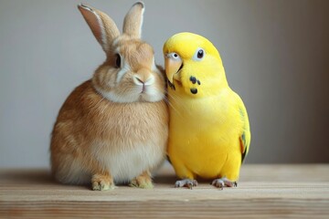 A Brown Rabbit and a Yellow Budgerigar Sit Side-by-Side on a Wooden Surface