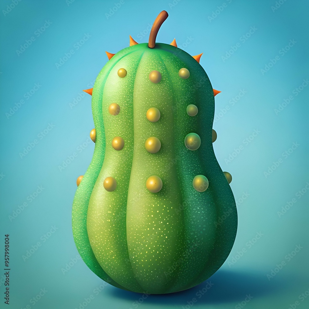 Poster a whimsical 3d illustration of an african cucumber with a unique bumpy texture and spiky accents.