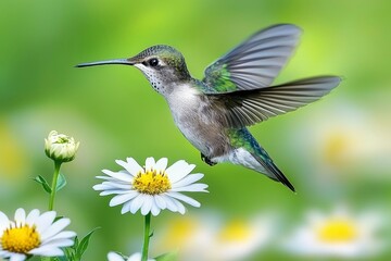 Fototapeta premium Hummingbird in Flight Over a White Daisy