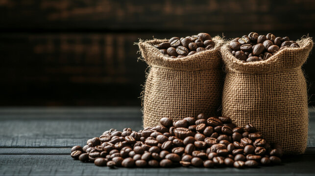 Roasted coffee beans in burlap sacks, set against a dark wooden background.