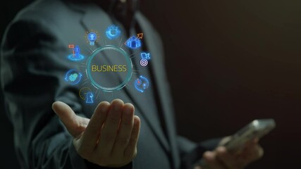 Businessman holding smartphone to show neon line banner of business concept with icons of ideas, management, strategy, leadership, process, team, implementation and goals.