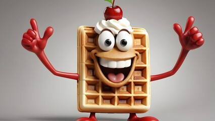  a waffle character with a big goofy smile and arms spread wide in excitement.