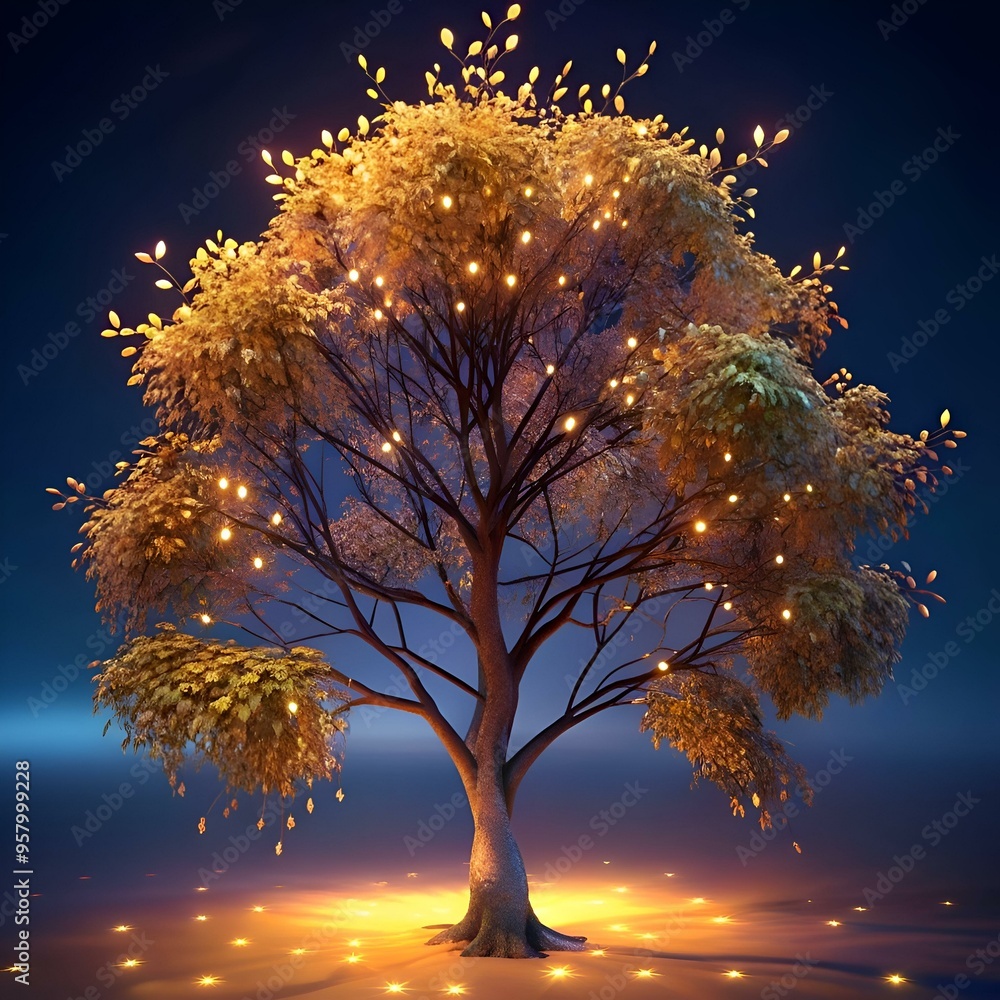 Poster a magical 3d illustration of an alder tree glowing with warm lights. perfect for creating a whimsica