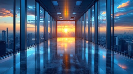 A stunning sunset view from a modern office space with large glass windows in a high-rise building