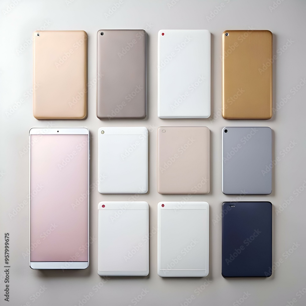 Poster a collection of ten blank tablets. each in a different color and material.