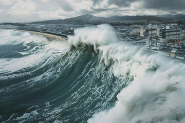Obraz premium Generative ai on theme of a scary tsunami with huge foamy wave, apocalyptic dramatic background