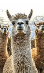 Obraz premium Trio of Alpacas Standing in Field with Curious Expressions, Posing for a Charming and Whimsical Group Portrait in Natural Outdoor Setting