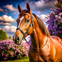 Obraz premium A stunning portrait of a chestnut horse with a bridle. standing against a backdrop of vibrant lilac blossoms and a beautiful blue sky.
