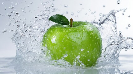 green apple with water splash isolated on white background