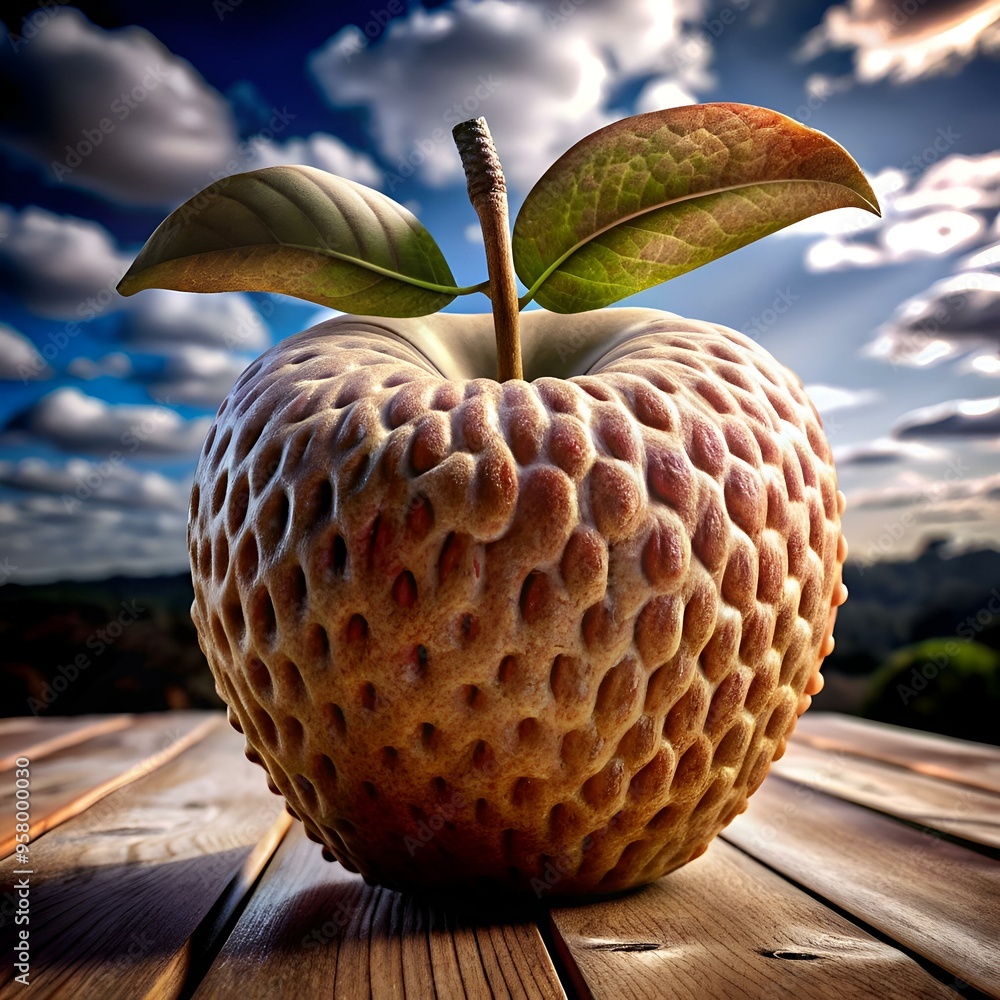 Aufkleber a striking 3d illustration of a textured otaheite apple with a rough. bumpy surface and two green le