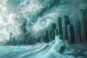 Fototapeta premium Generative ai on theme of a scary tsunami with huge foamy wave, apocalyptic dramatic background