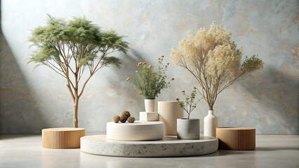 Minimalist Product Display with Dried Flowers and Greenery