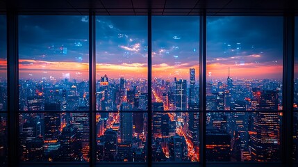 A stunning city skyline illuminated at dusk, showcasing vibrant lights and a colorful sunset over a bustling metropolis