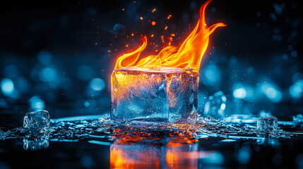 Fiery Ice Cube: Conceptual Image of Fire and Ice Dynamics Symbolizing Heat and Cold Contrasts in Beautiful, Captivating Visual Art