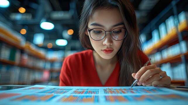 Young woman analyzing data in a library while wearing glasses, focused on colorful charts and graphs during the day