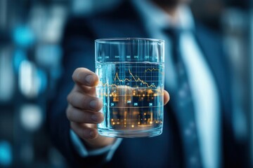 A digital graph showing declining water availability, with a businessman holding a glass of water in the foreground, symbolizing the need for urgent action in water conservation