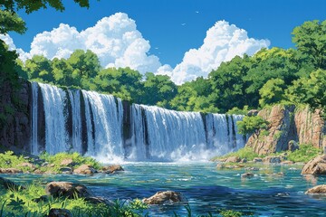 Breathtaking Waterfall Surrounded by Lush Green Landscape