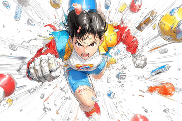 A determined young hero charges forward with explosive energy, fists clenched, breaking through debris. Colors and motion capture a moment of fierce action and strength.